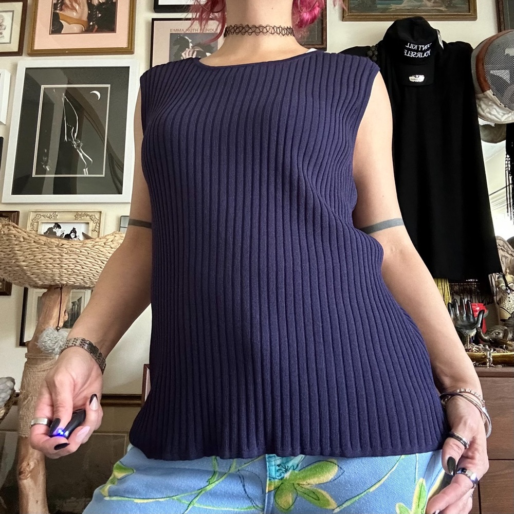 vintage y2k knit chic wide rib navy rayon / nylon tank top / size large